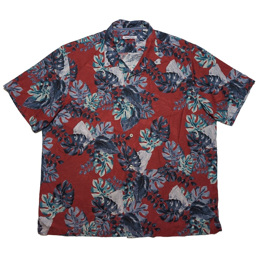 Tommy Bahama Shirt Mens 3XL Red Excellent Silk Blend Tropical Island Zone Camp